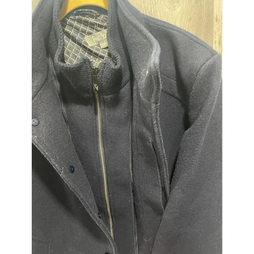 Paulo Solari Navy Blue Wool/Poly Blend Mens Pea Coat XL